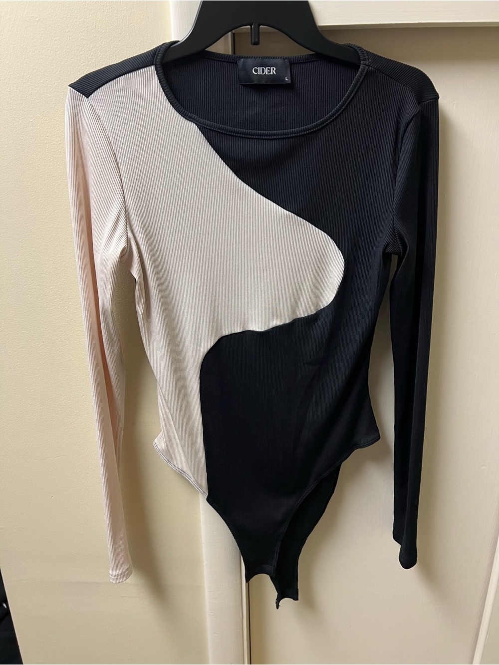 Cider Sculptural Two-Tone Long-Sleeve Bodysuit in Black & Cream